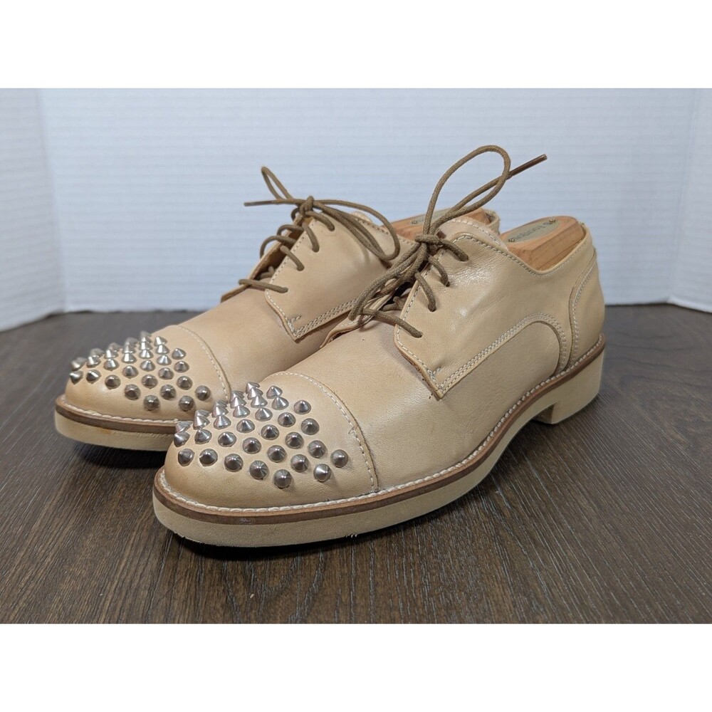 STEVEN Leather Loafers Women's US 8.5 EU 39 Beige Silver Studs Made In Italy